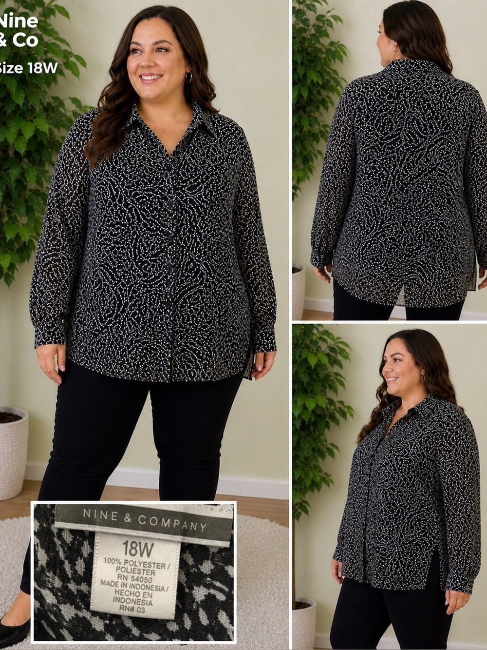 Nine & Co Black & White Abstract Print Button Front Blouse Size 18W